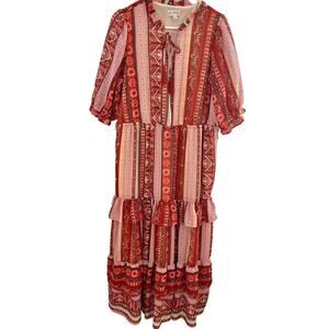 Wonderly Maxi Dress Womens Size Medium Short Sleeve Tiered Yarn Dyed Bohemian